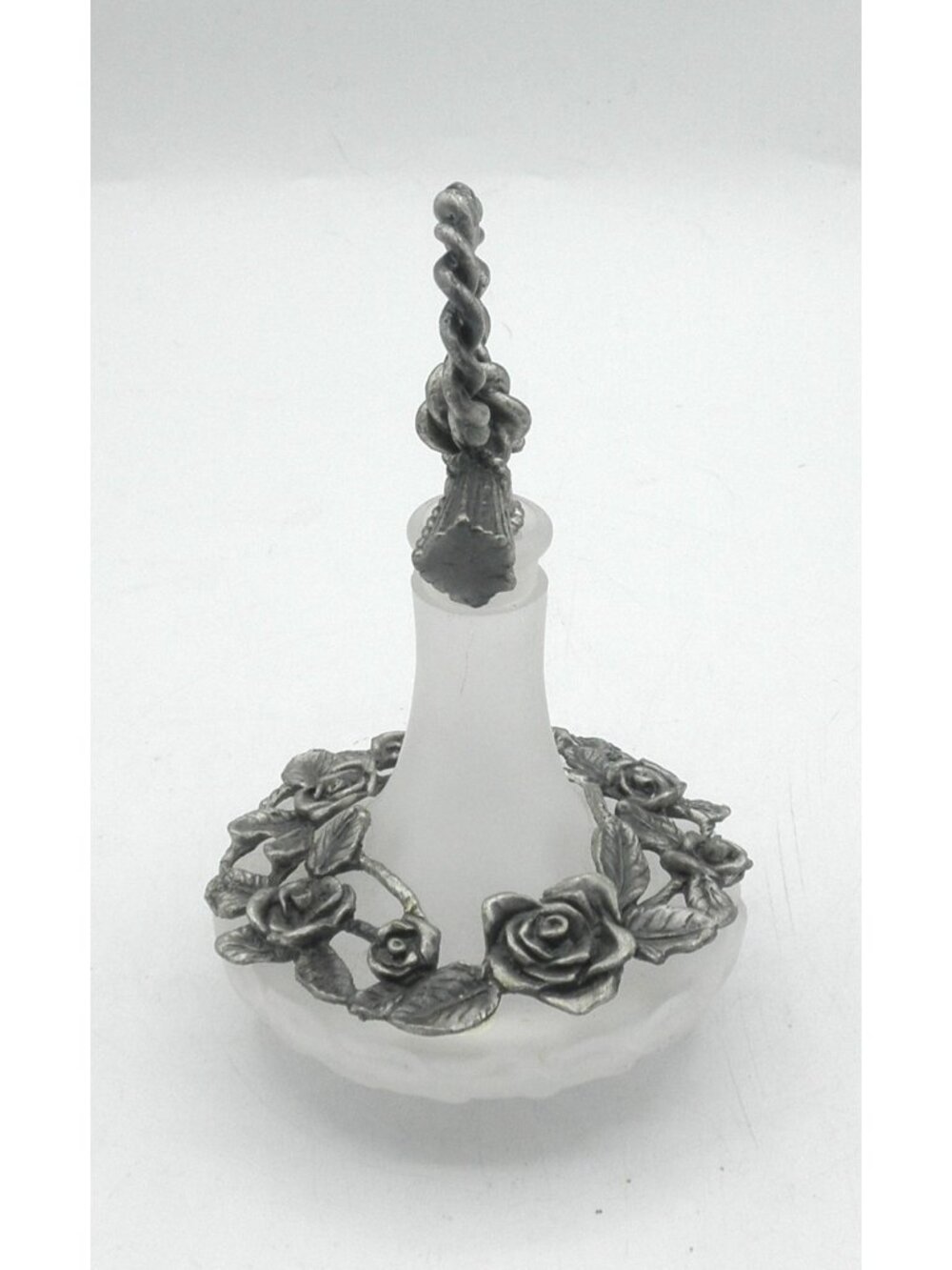 Vintage Clear Frosted Glass Vanity Bottle With Pewter Embellishments & Stopper - Picture 4 of 8